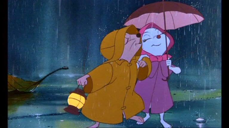Bianca and Bernard walking in the rain wearing raincoats